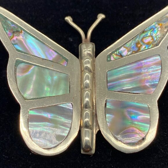 Vtg Sterling Silver Abalone Butterfly Brooch Signed Alpacha Shell Inlay Mexico - Picture 10 of 12